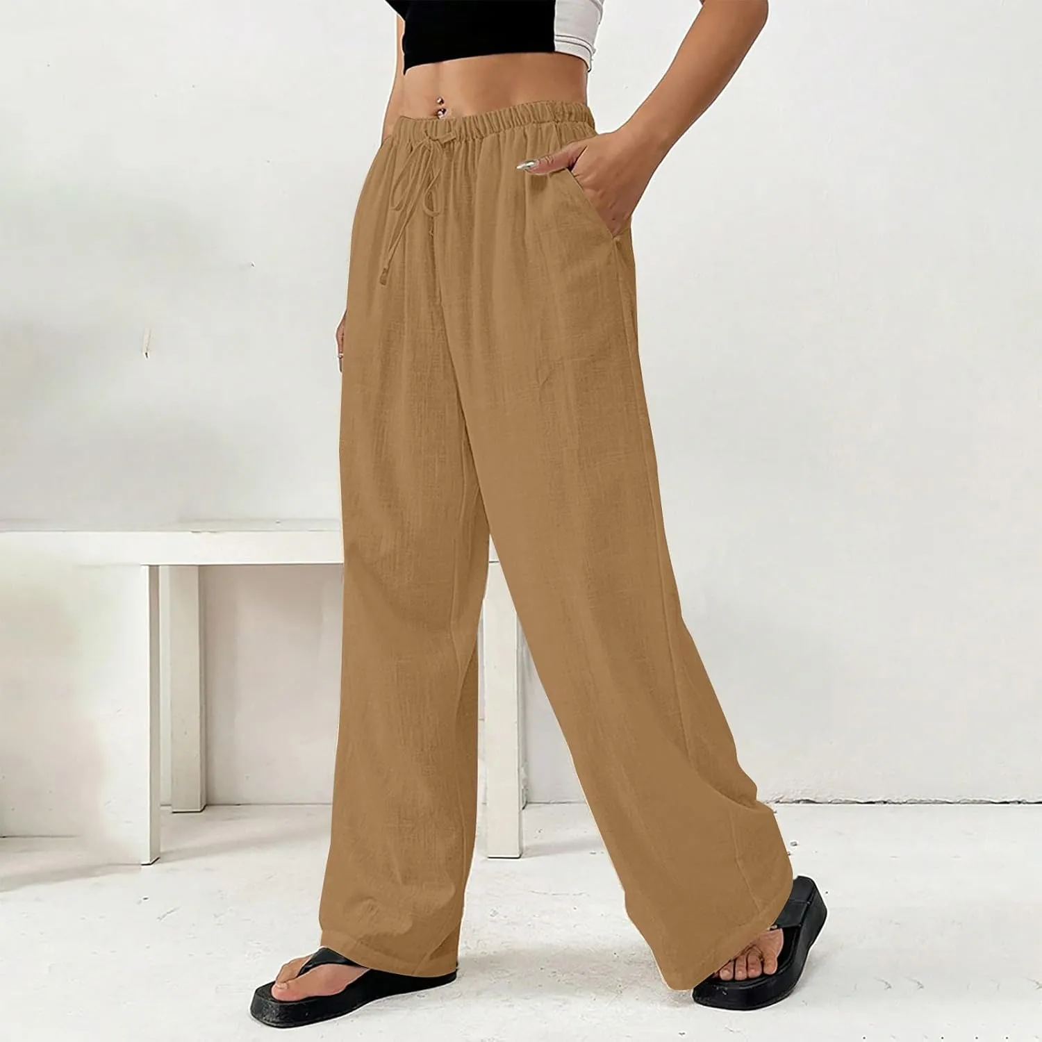 Summer Linen Palazzo Pants for Women Flowy Wide Leg Beach Trousers Loose Casual High Waist Yoga Pants with Pockets