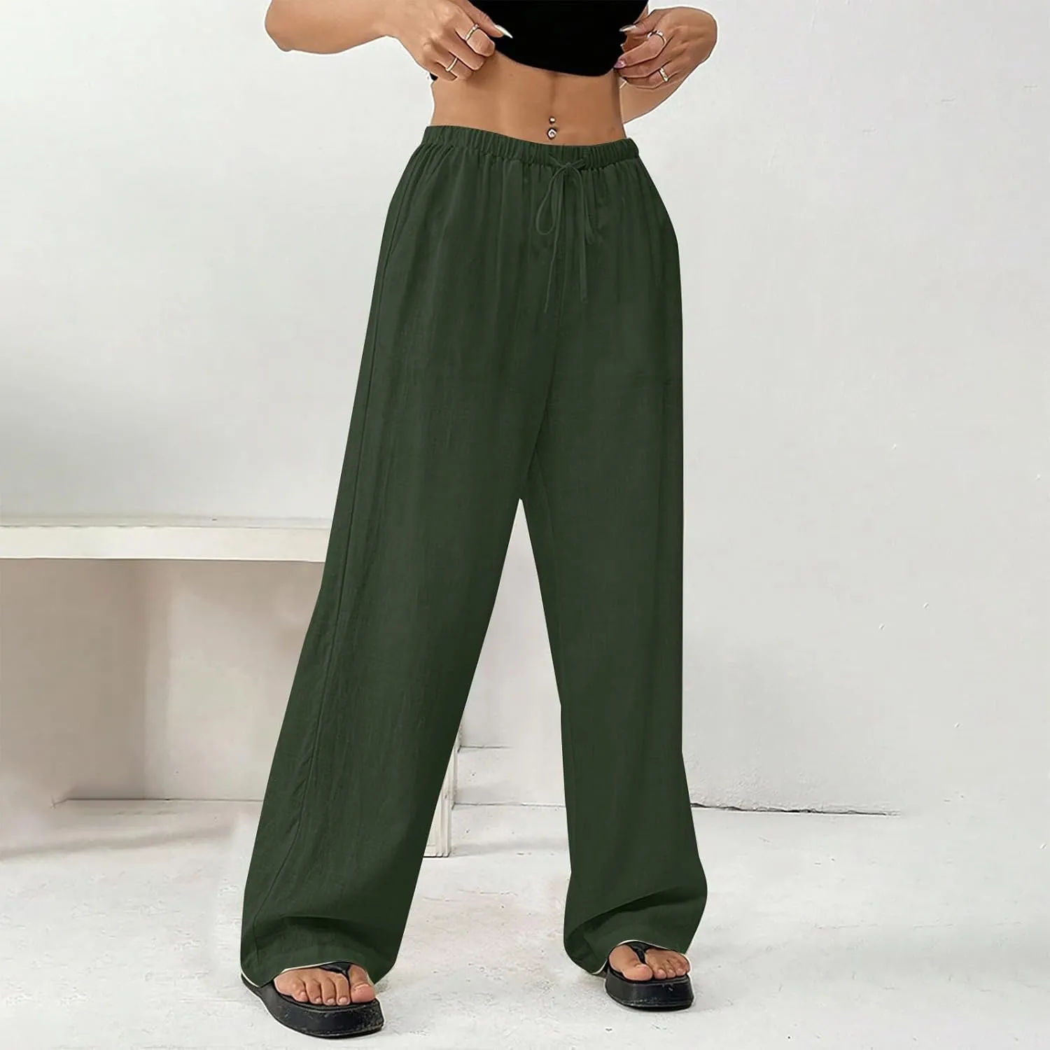 Summer Linen Palazzo Pants for Women Flowy Wide Leg Beach Trousers Loose Casual High Waist Yoga Pants with Pockets