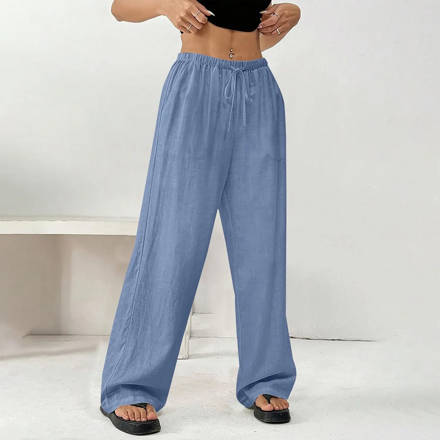 Summer Linen Palazzo Pants for Women Flowy Wide Leg Beach Trousers Loose Casual High Waist Yoga Pants with Pockets