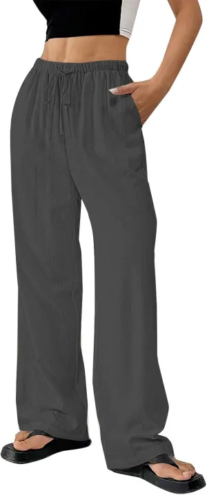 Summer Linen Palazzo Pants for Women Flowy Wide Leg Beach Trousers Loose Casual High Waist Yoga Pants with Pockets