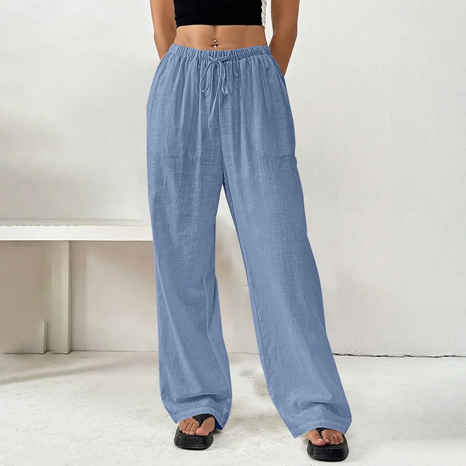 Summer Linen Palazzo Pants for Women Flowy Wide Leg Beach Trousers Loose Casual High Waist Yoga Pants with Pockets