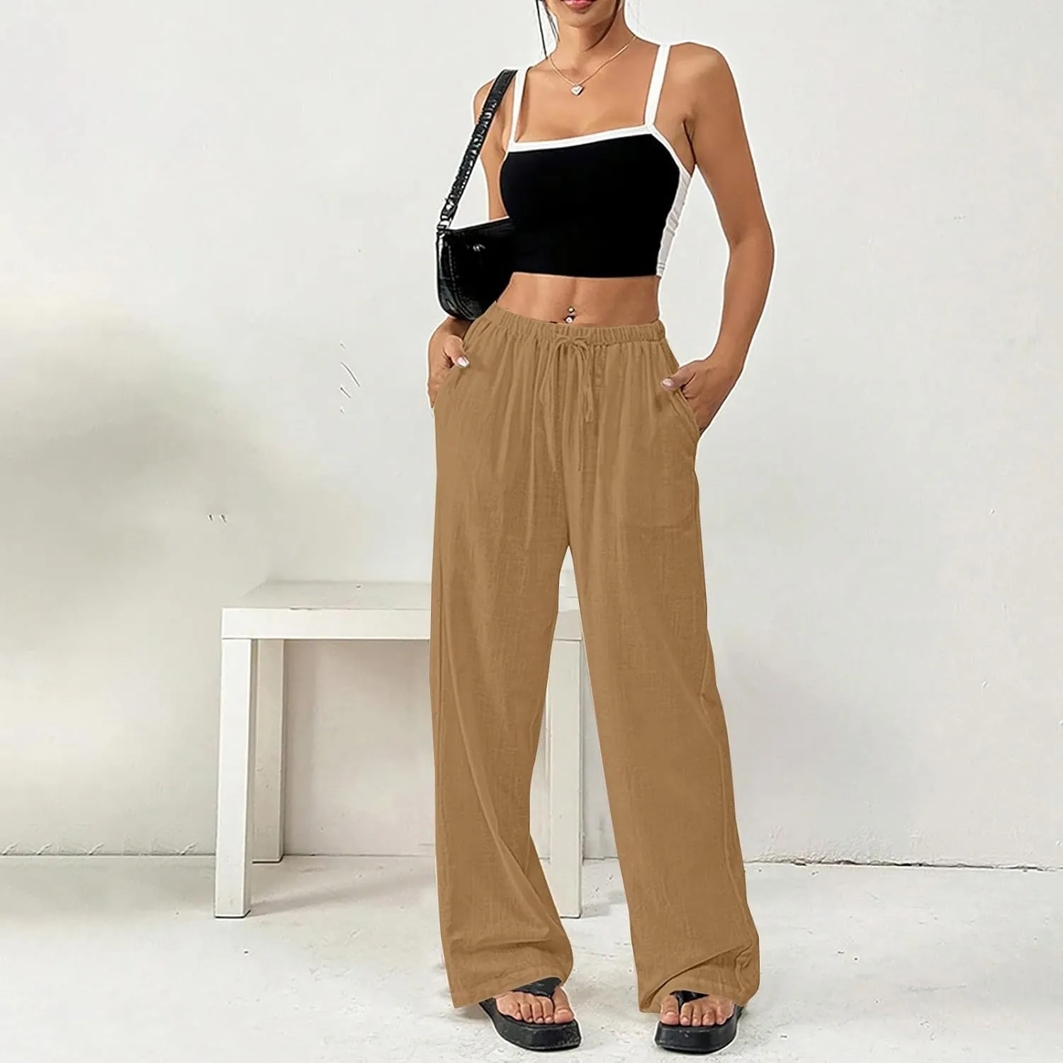 Summer Linen Palazzo Pants for Women Flowy Wide Leg Beach Trousers Loose Casual High Waist Yoga Pants with Pockets