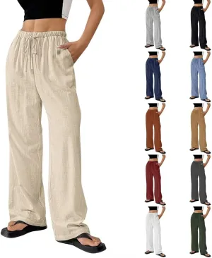 Summer Linen Palazzo Pants for Women Flowy Wide Leg Beach Trousers Loose Casual High Waist Yoga Pants with Pockets