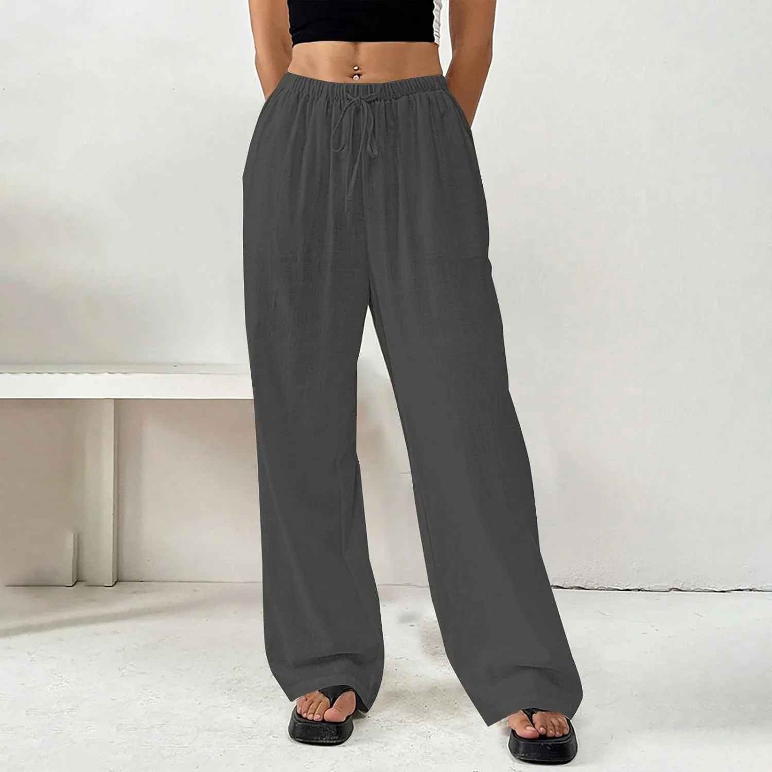 Summer Linen Palazzo Pants for Women Flowy Wide Leg Beach Trousers Loose Casual High Waist Yoga Pants with Pockets