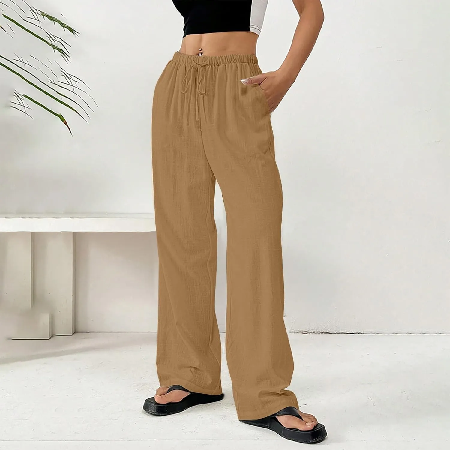 Summer Linen Palazzo Pants for Women Flowy Wide Leg Beach Trousers Loose Casual High Waist Yoga Pants with Pockets