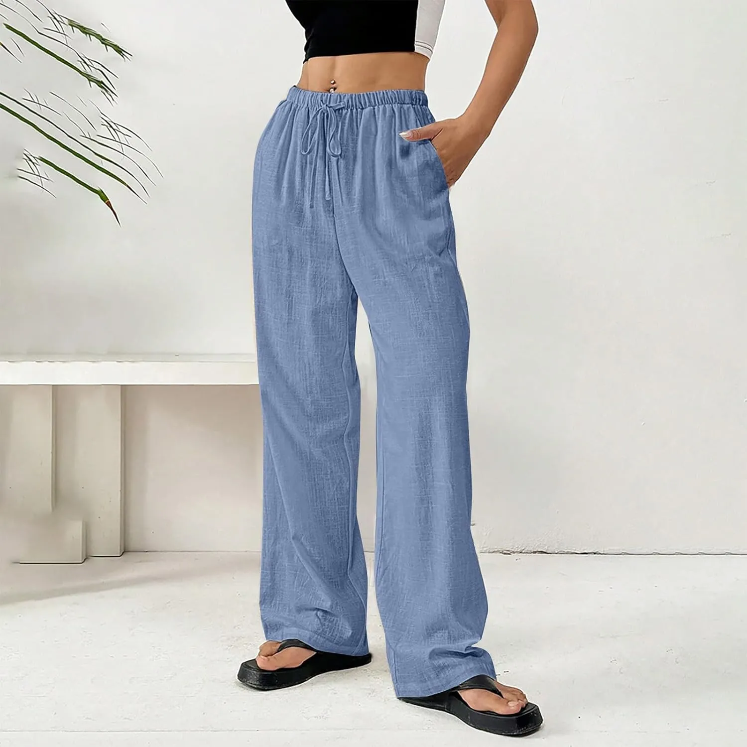 Summer Linen Palazzo Pants for Women Flowy Wide Leg Beach Trousers Loose Casual High Waist Yoga Pants with Pockets