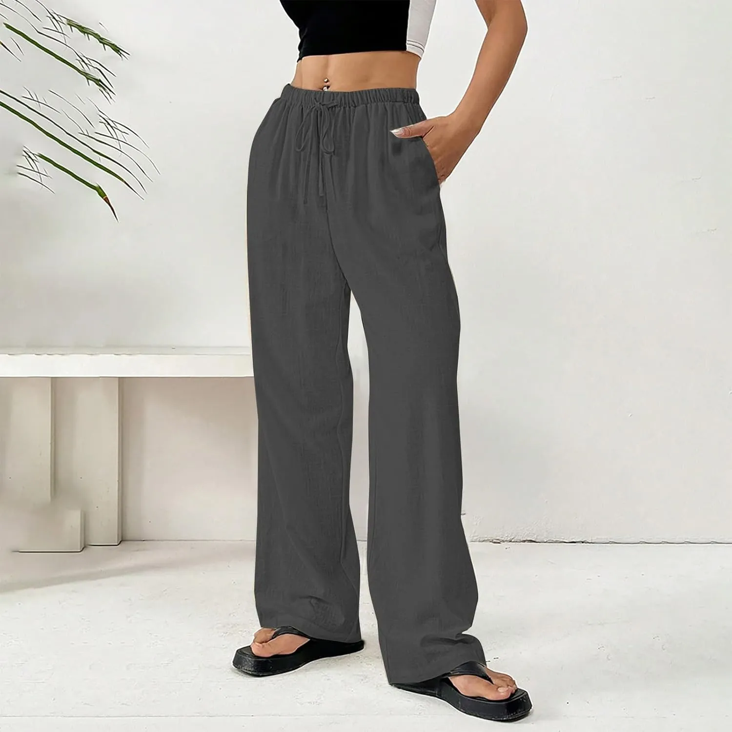 Summer Linen Palazzo Pants for Women Flowy Wide Leg Beach Trousers Loose Casual High Waist Yoga Pants with Pockets