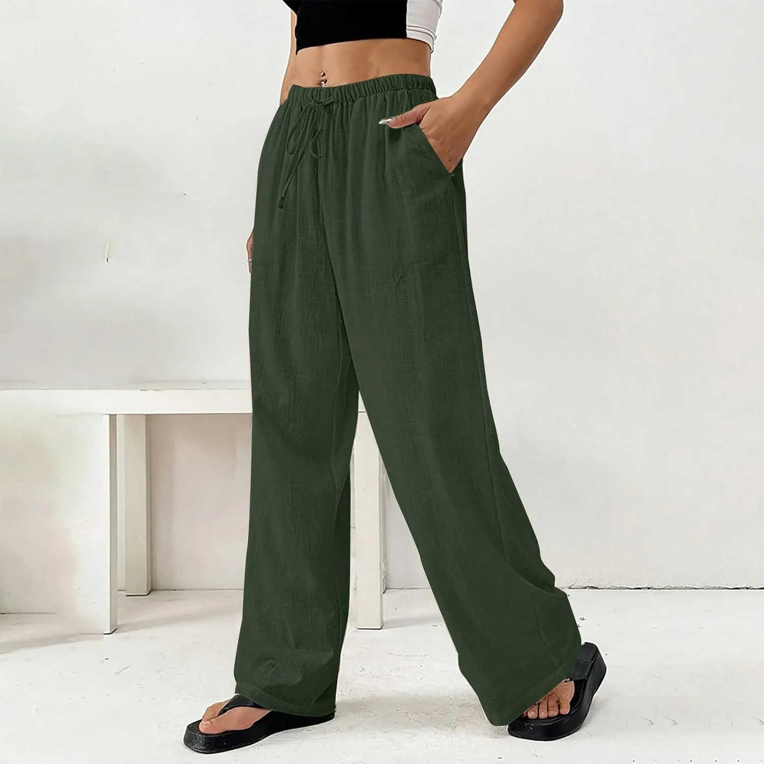 Summer Linen Palazzo Pants for Women Flowy Wide Leg Beach Trousers Loose Casual High Waist Yoga Pants with Pockets