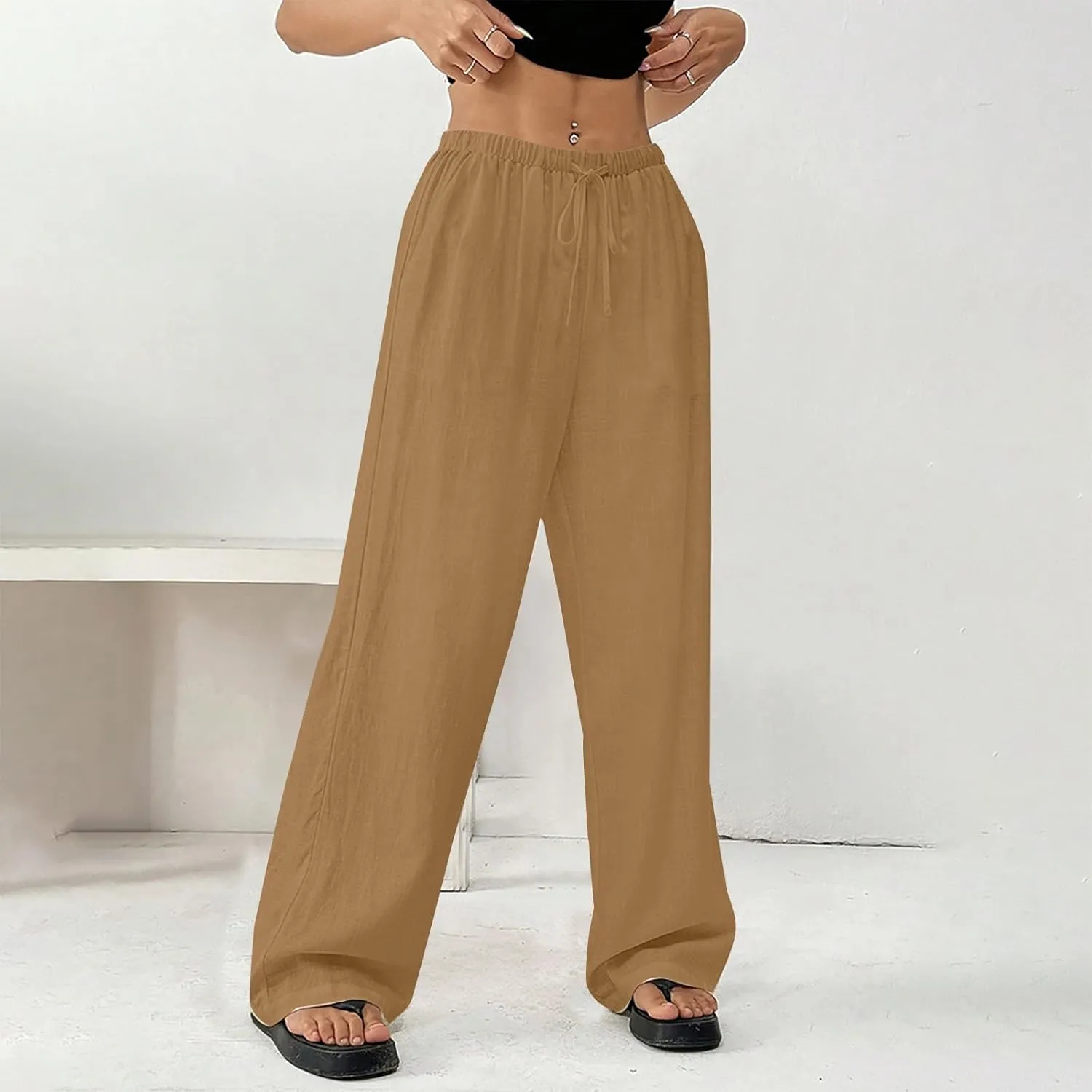 Summer Linen Palazzo Pants for Women Flowy Wide Leg Beach Trousers Loose Casual High Waist Yoga Pants with Pockets