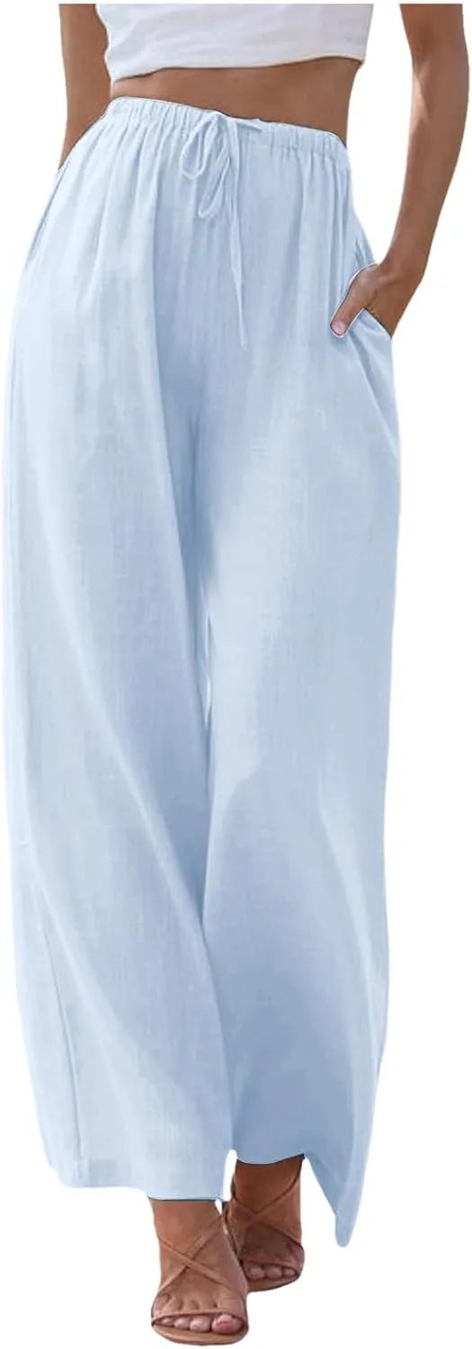 Summer Linen Pants for Womens Wide Leg Baggy Casual Drawstring High Waisted Palazzo Harem Trousers with Pockets