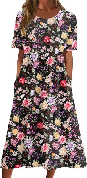 Summer Oversized Dress Womans Short Sleeve Wedding Simple Crewneck Smocked Loose Fit Soft Cotton Pullover.