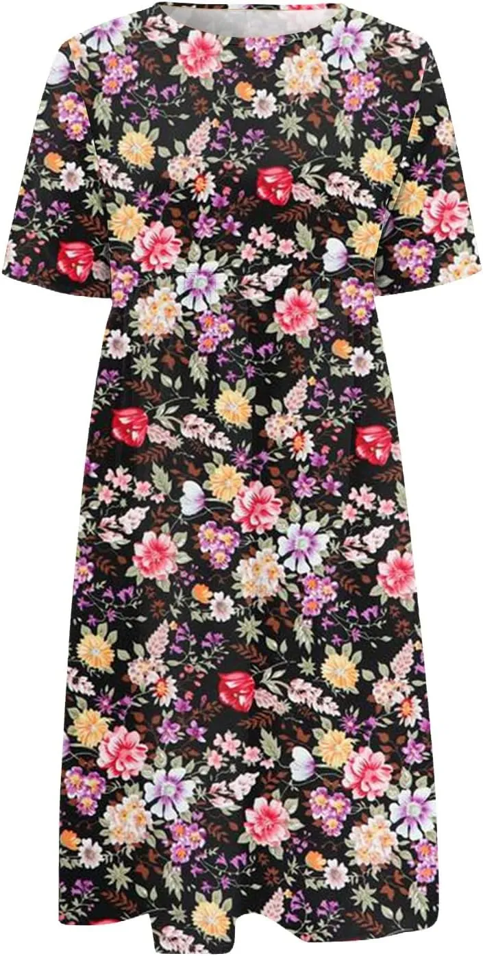 Summer Oversized Dress Womans Short Sleeve Wedding Simple Crewneck Smocked Loose Fit Soft Cotton Pullover.