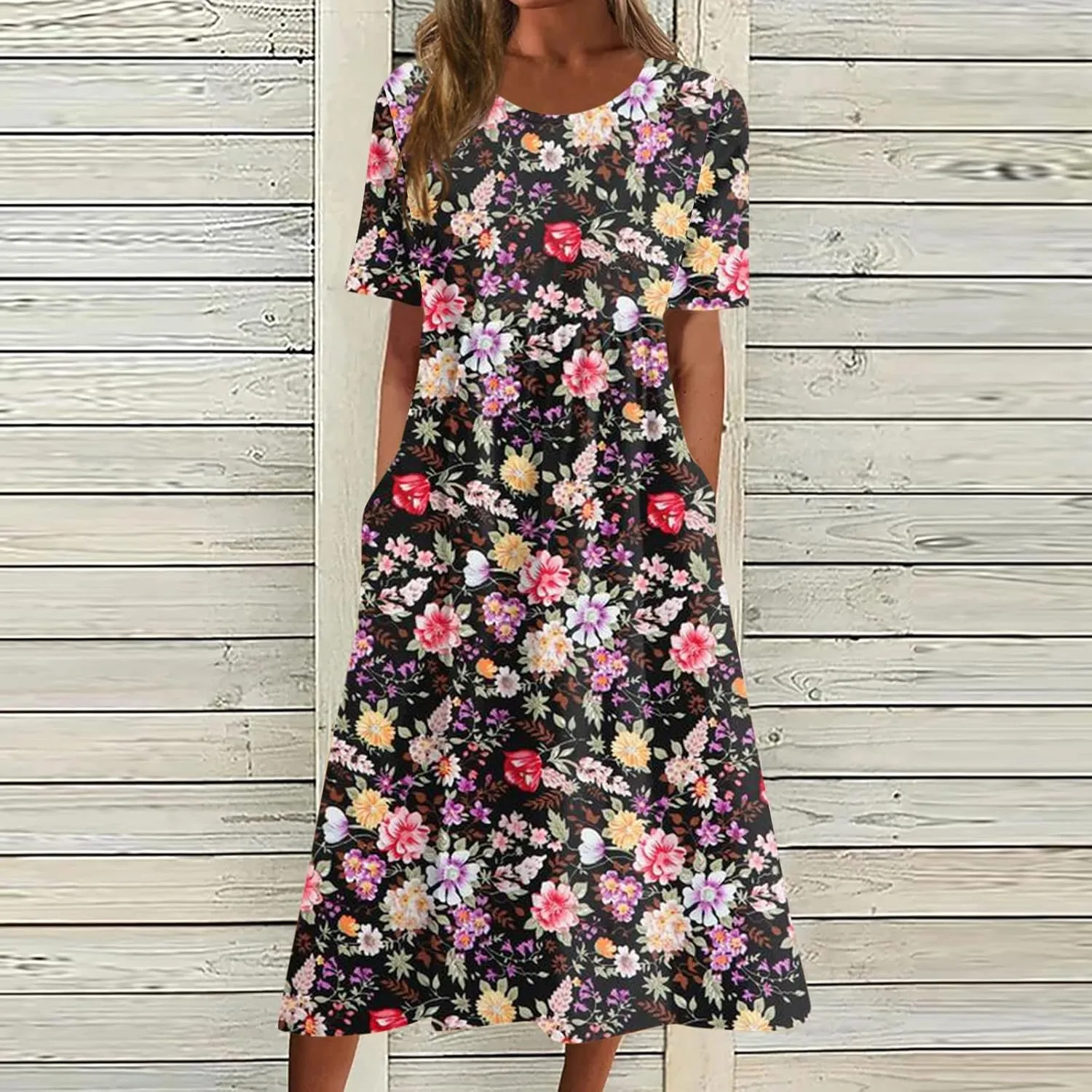 Summer Oversized Dress Womans Short Sleeve Wedding Simple Crewneck Smocked Loose Fit Soft Cotton Pullover.