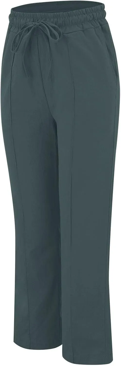 Summer Pants for Women 2025 Vacation Plus Size High Waist Drawstring Straight Leg Trousers Beach Pants with Pockets