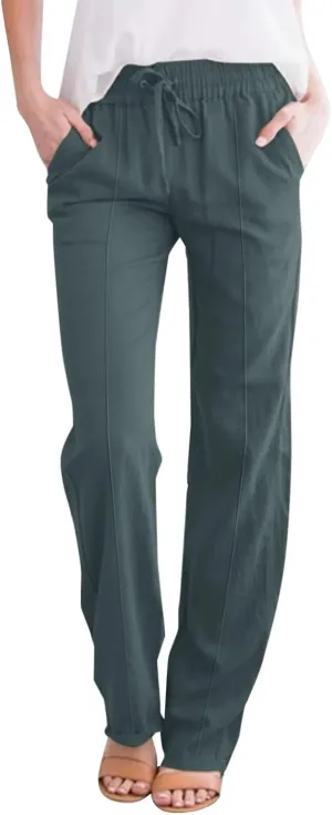 Summer Pants for Women 2025 Vacation Plus Size High Waist Drawstring Straight Leg Trousers Beach Pants with Pockets