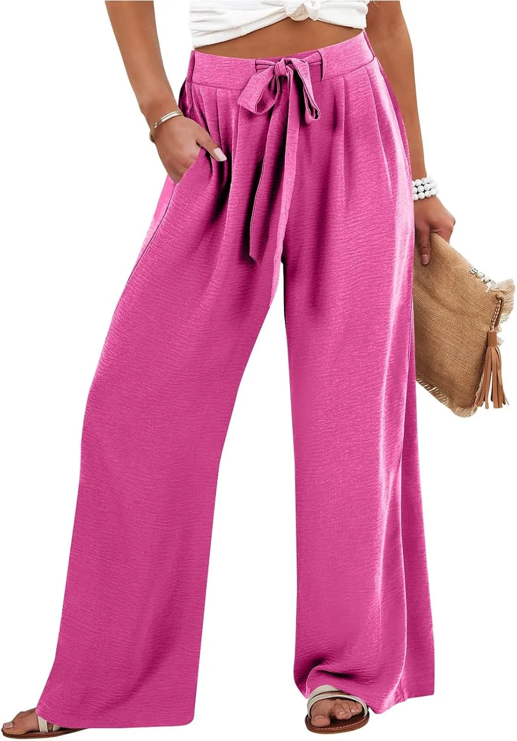 Summer Pants for Women 2025 Wide Leg Linen Pants Tie Knot High Waisted Palazzo Pants with Pockets Beach Cover Up Pant