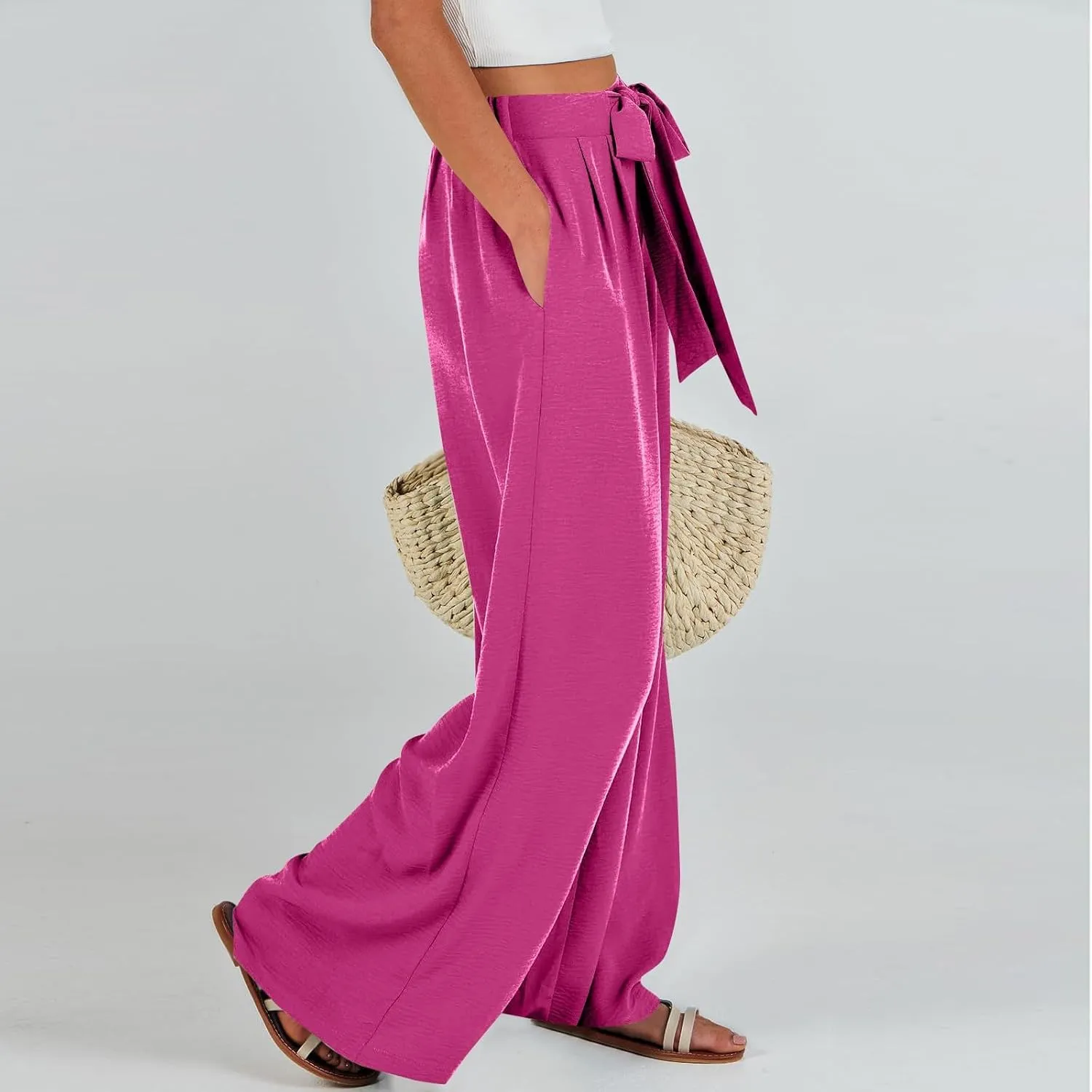 Summer Pants for Women 2025 Wide Leg Linen Pants Tie Knot High Waisted Palazzo Pants with Pockets Beach Cover Up Pant