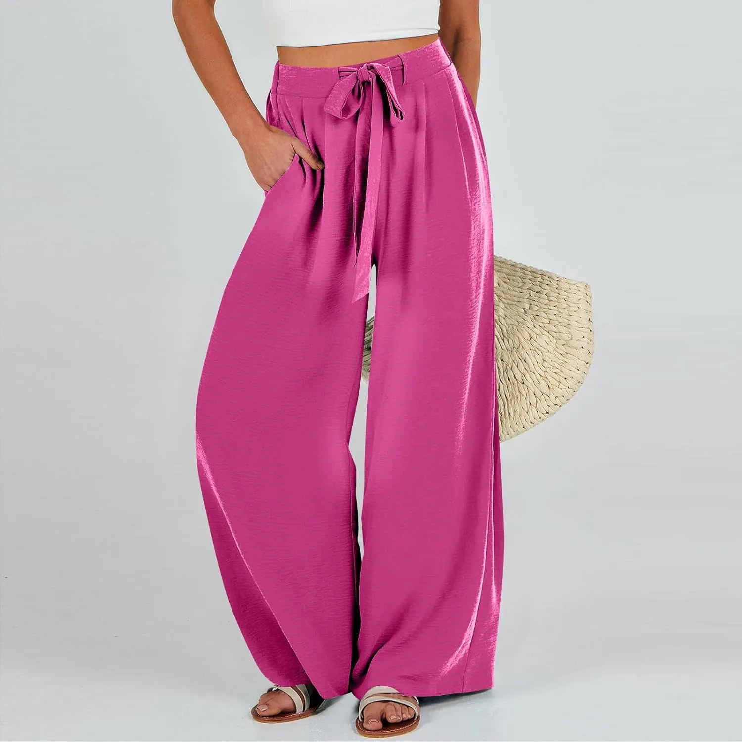Summer Pants for Women 2025 Wide Leg Linen Pants Tie Knot High Waisted Palazzo Pants with Pockets Beach Cover Up Pant