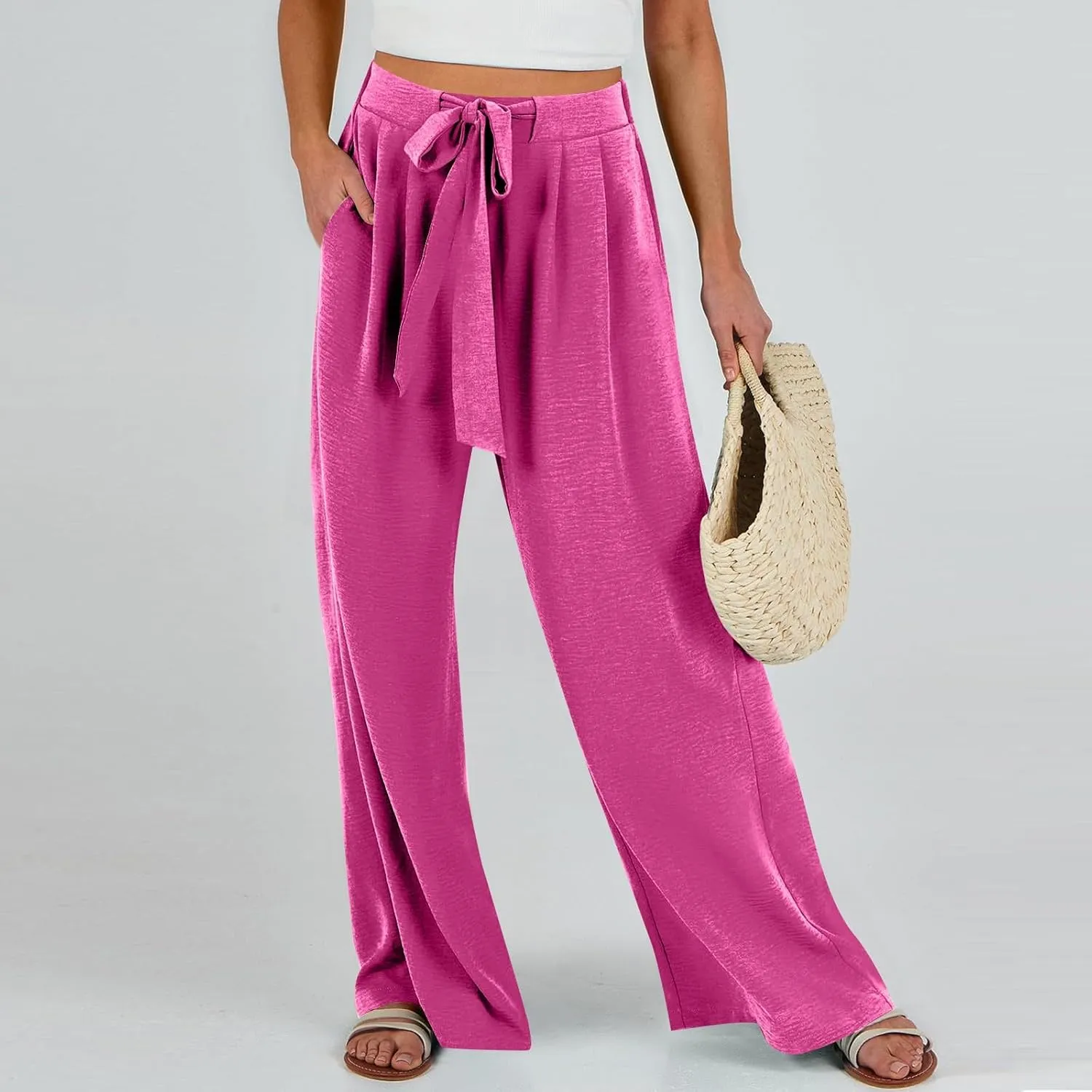 Summer Pants for Women 2025 Wide Leg Linen Pants Tie Knot High Waisted Palazzo Pants with Pockets Beach Cover Up Pant