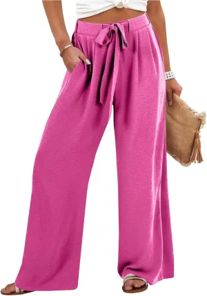Summer Pants for Women 2025 Wide Leg Linen Pants Tie Knot High Waisted Palazzo Pants with Pockets Beach Cover Up Pant