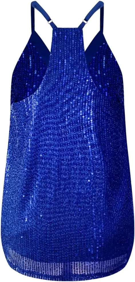 Summer Women Casual Camisole Sexy V Neck Sequins Strappy Tank Top Vest Sleeveless Solid Color Blouse