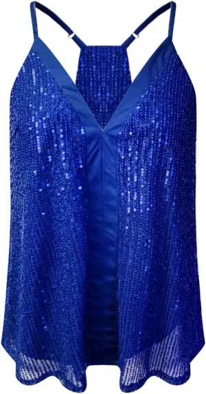 Summer Women Casual Camisole Sexy V Neck Sequins Strappy Tank Top Vest Sleeveless Solid Color Blouse
