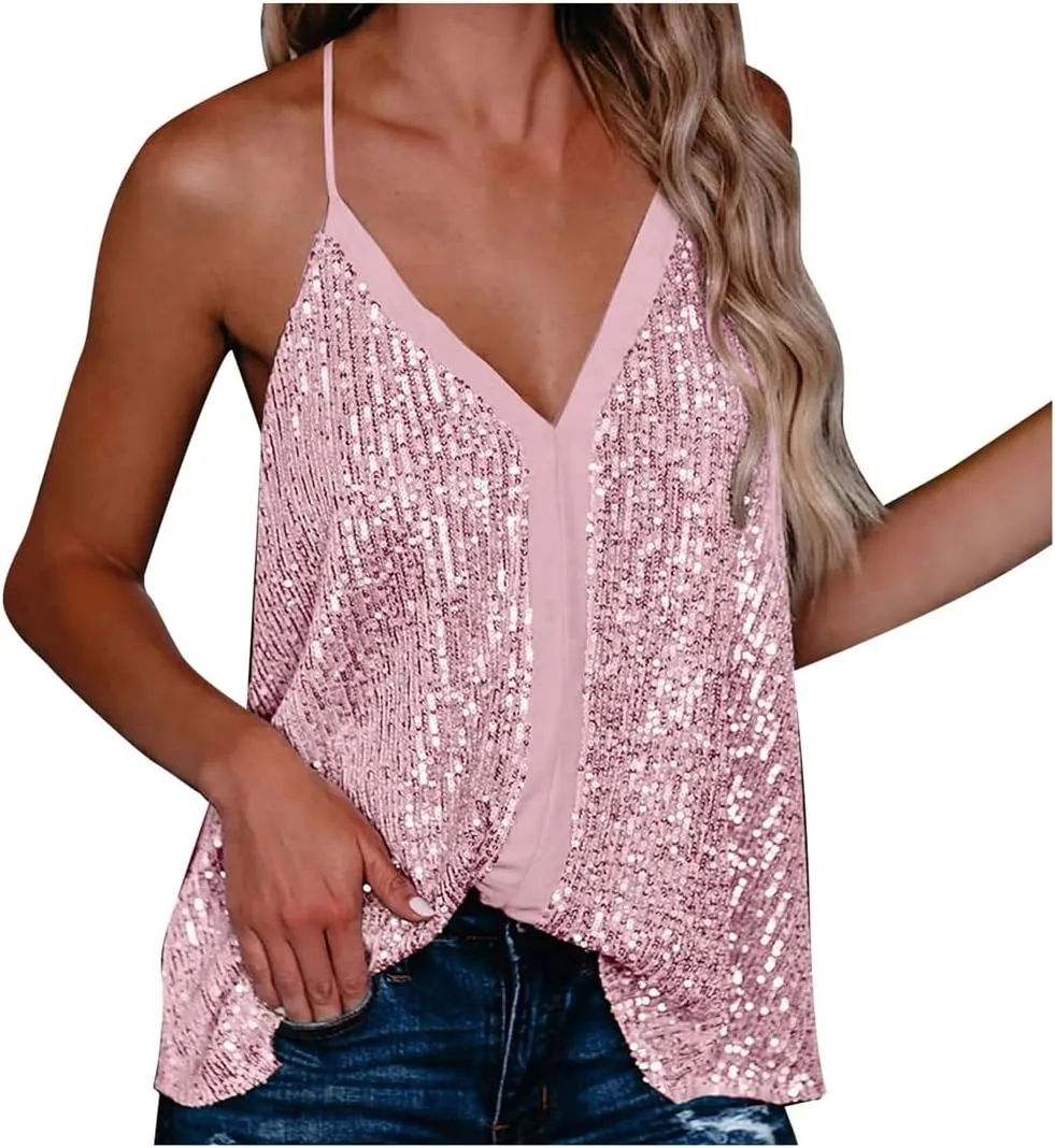 Summer Women Casual Camisole Sexy V Neck Sequins Strappy Tank Top Vest Sleeveless Solid Color Blouse