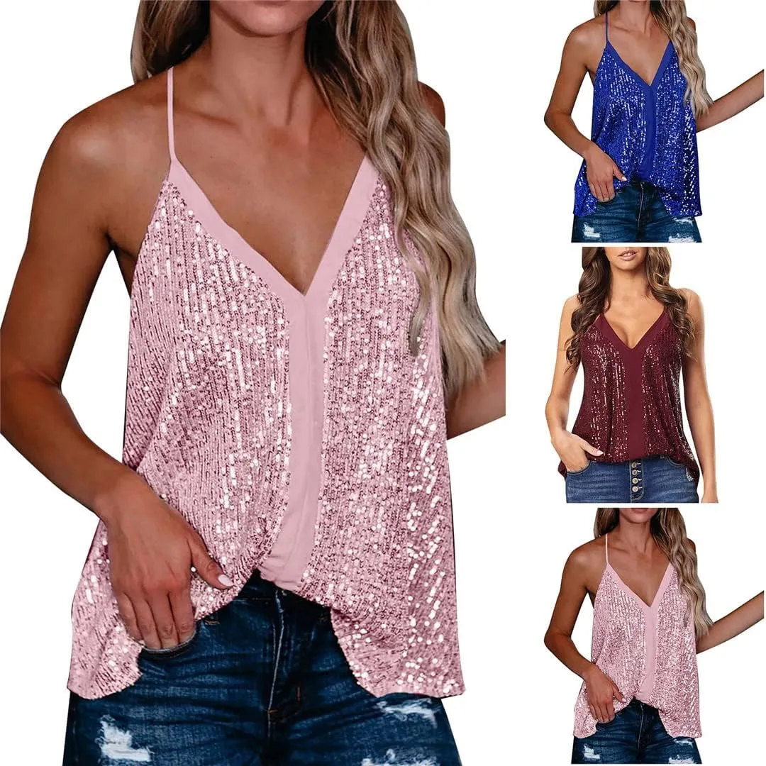 Summer Women Casual Camisole Sexy V Neck Sequins Strappy Tank Top Vest Sleeveless Solid Color Blouse