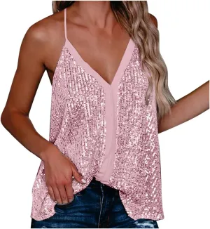 Summer Women Casual Camisole Sexy V Neck Sequins Strappy Tank Top Vest Sleeveless Solid Color Blouse