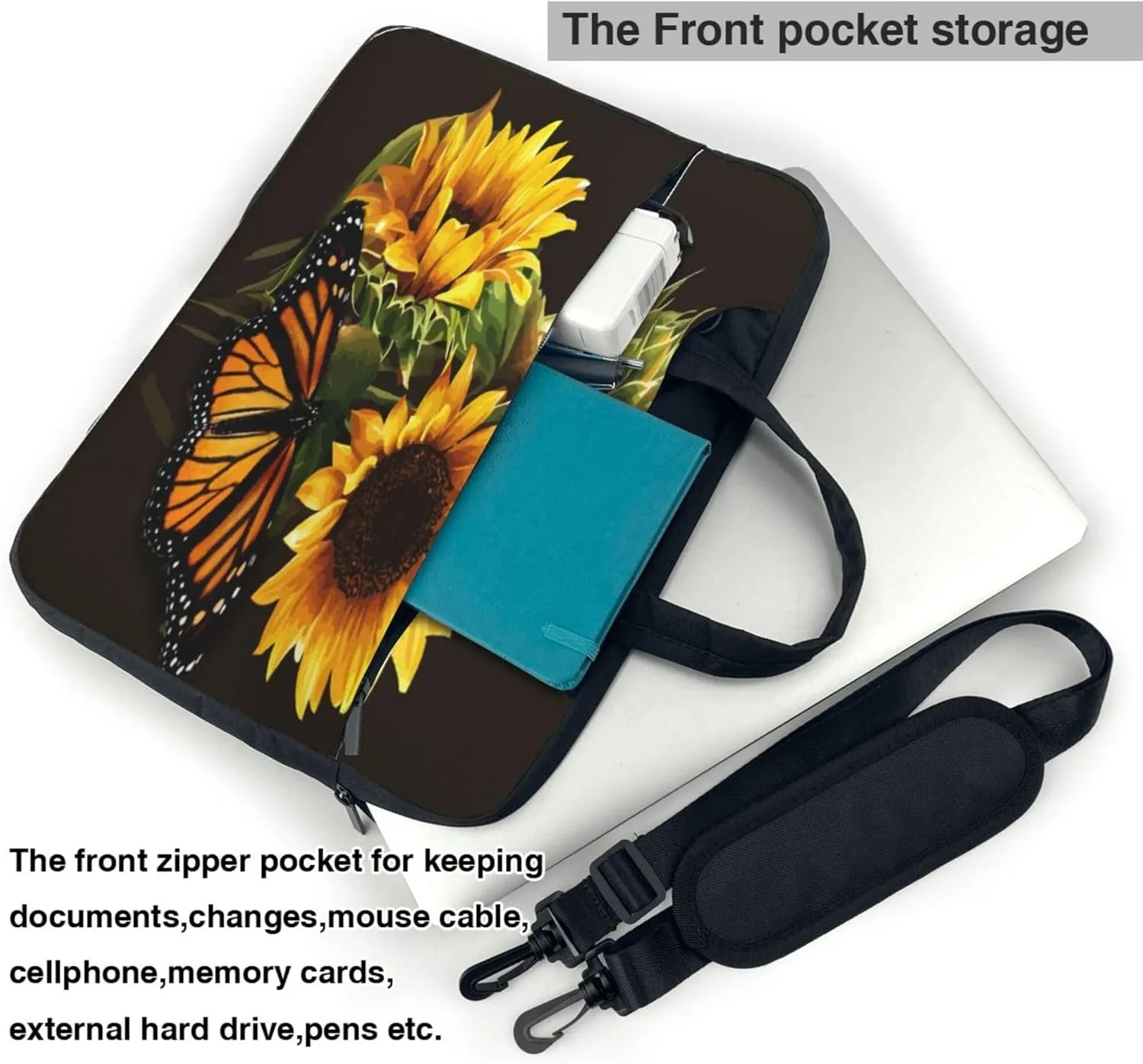 Sunflower Butterfly Laptop Shoulder Bag for Women, Flower Sunflower Laptop Sleeve Case Durable Computer Bag