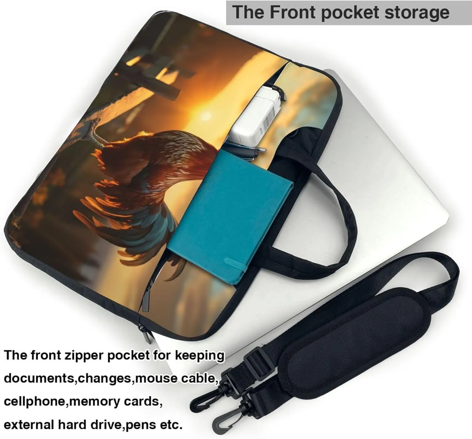 Sunset Rooster Farmhouse Chicken Laptop Shoulder Bag for Women, Laptop Sleeve Case Durable Computer Bag