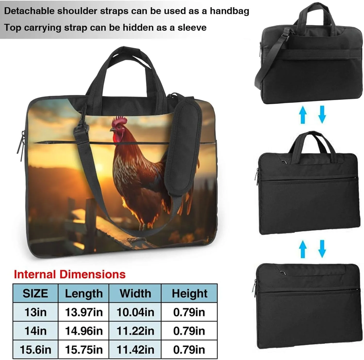 Sunset Rooster Farmhouse Chicken Laptop Shoulder Bag for Women, Laptop Sleeve Case Durable Computer Bag