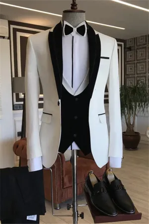 Suzhoufashion Fiore Black Peaked Lapel Three Pieces Velvet Wedding Men Suits