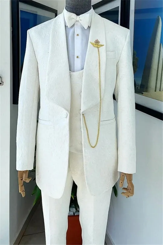 Suzhoufashion Jezer Glamorous White Jacquard Shawl Lapel Bespoke Wedding Suits