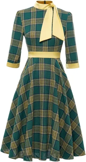 Tea Party Dresses for Woman Retro 1960 Gingham Half Sleeve A-Line Swing Rockabilly Sundress Cocktail Party Dresses