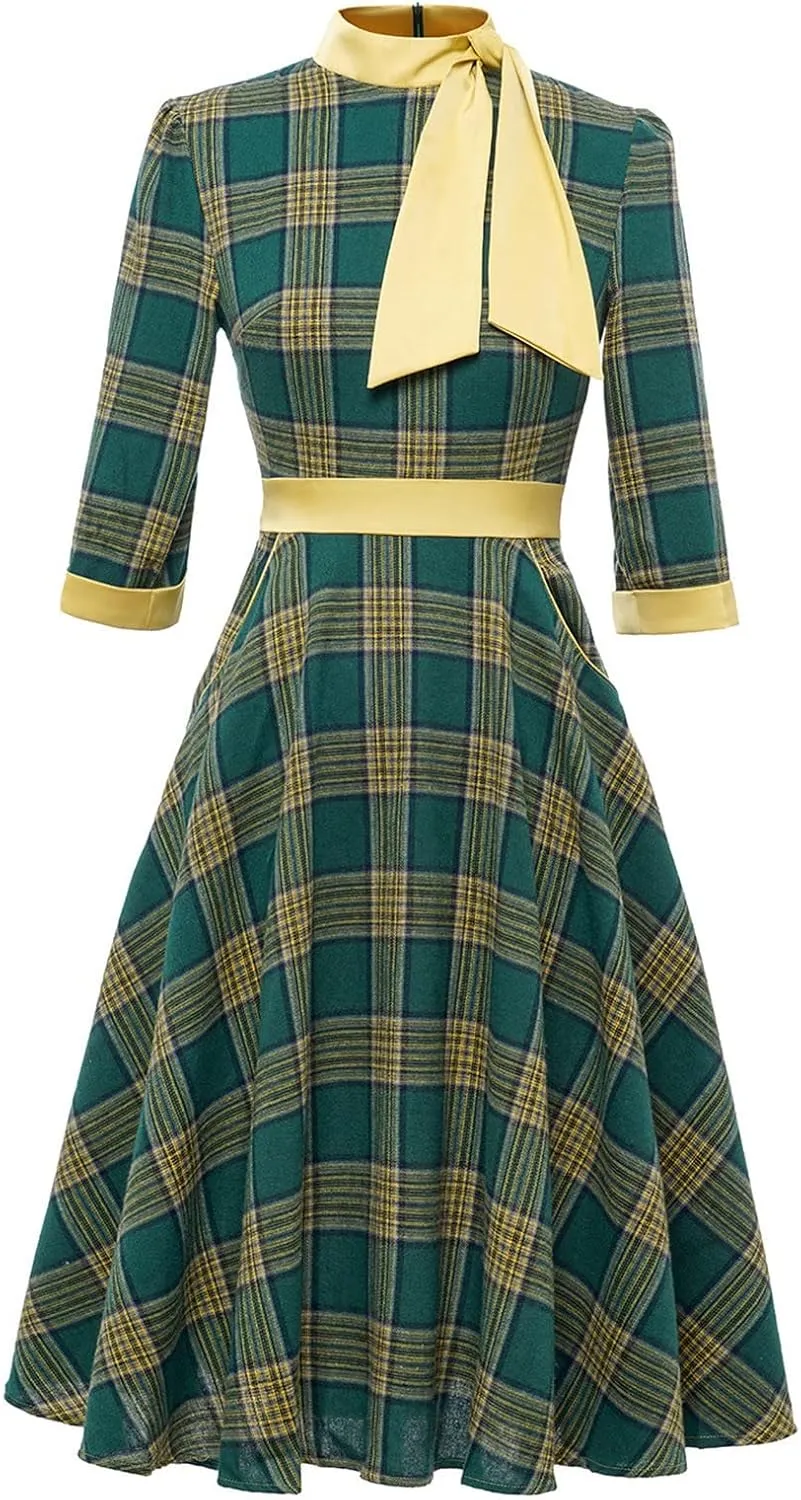 Tea Party Dresses for Woman Retro 1960 Gingham Half Sleeve A-Line Swing Rockabilly Sundress Cocktail Party Dresses