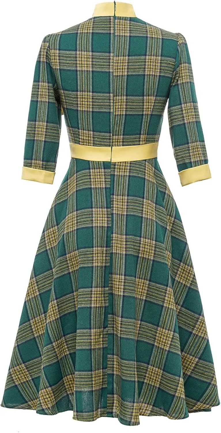 Tea Party Dresses for Woman Retro 1960 Gingham Half Sleeve A-Line Swing Rockabilly Sundress Cocktail Party Dresses