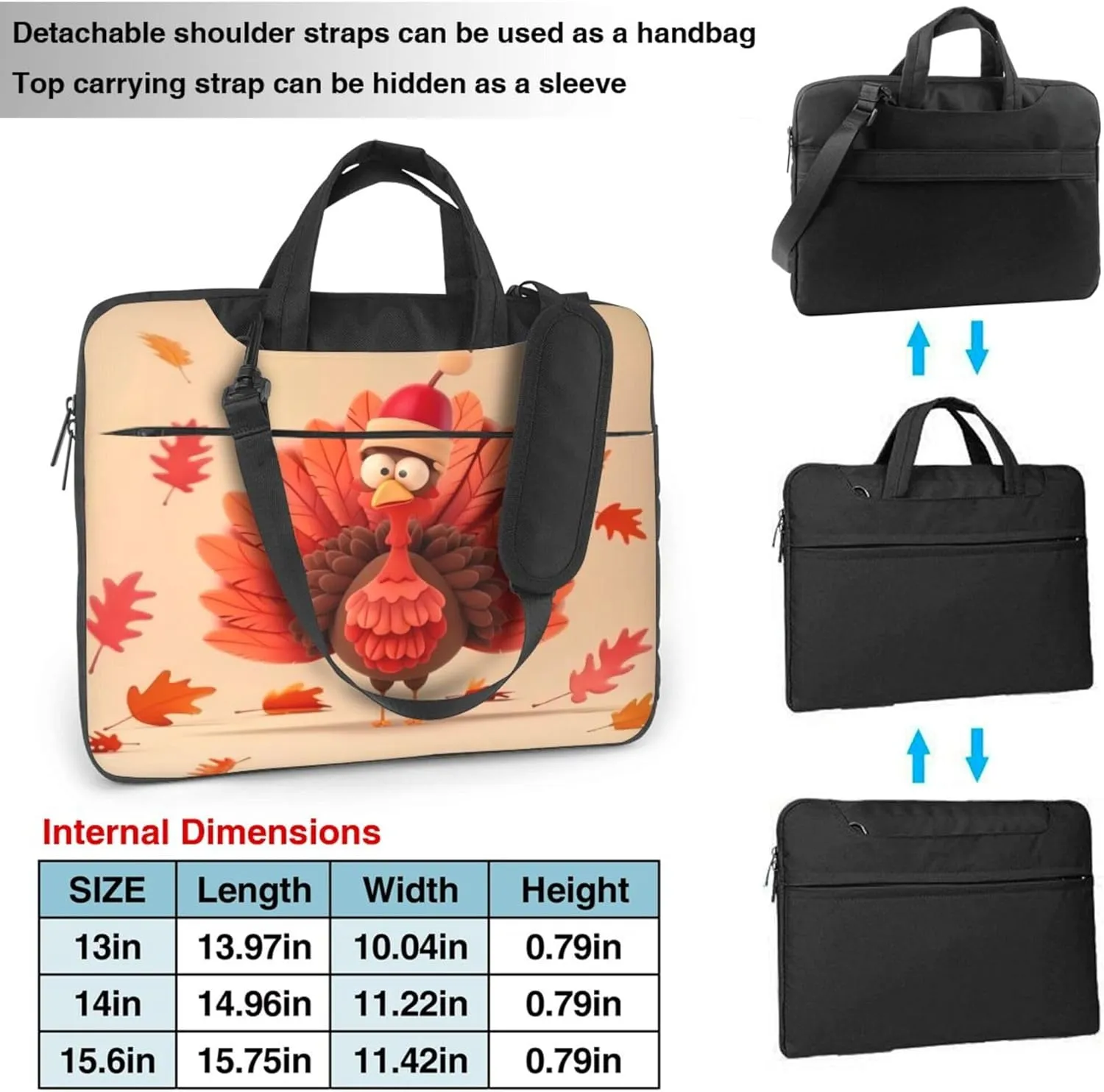 Thanksgiving Turkey Animal Leaf Laptop Shoulder Bag for Women, Laptop Sleeve Case Durable Computer Bag