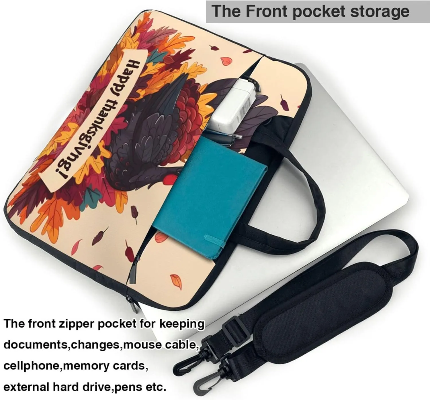 Thanksgiving Turkey Autumn Leaves Laptop Shoulder Bag for Women, Laptop Sleeve Case Durable Computer Bag