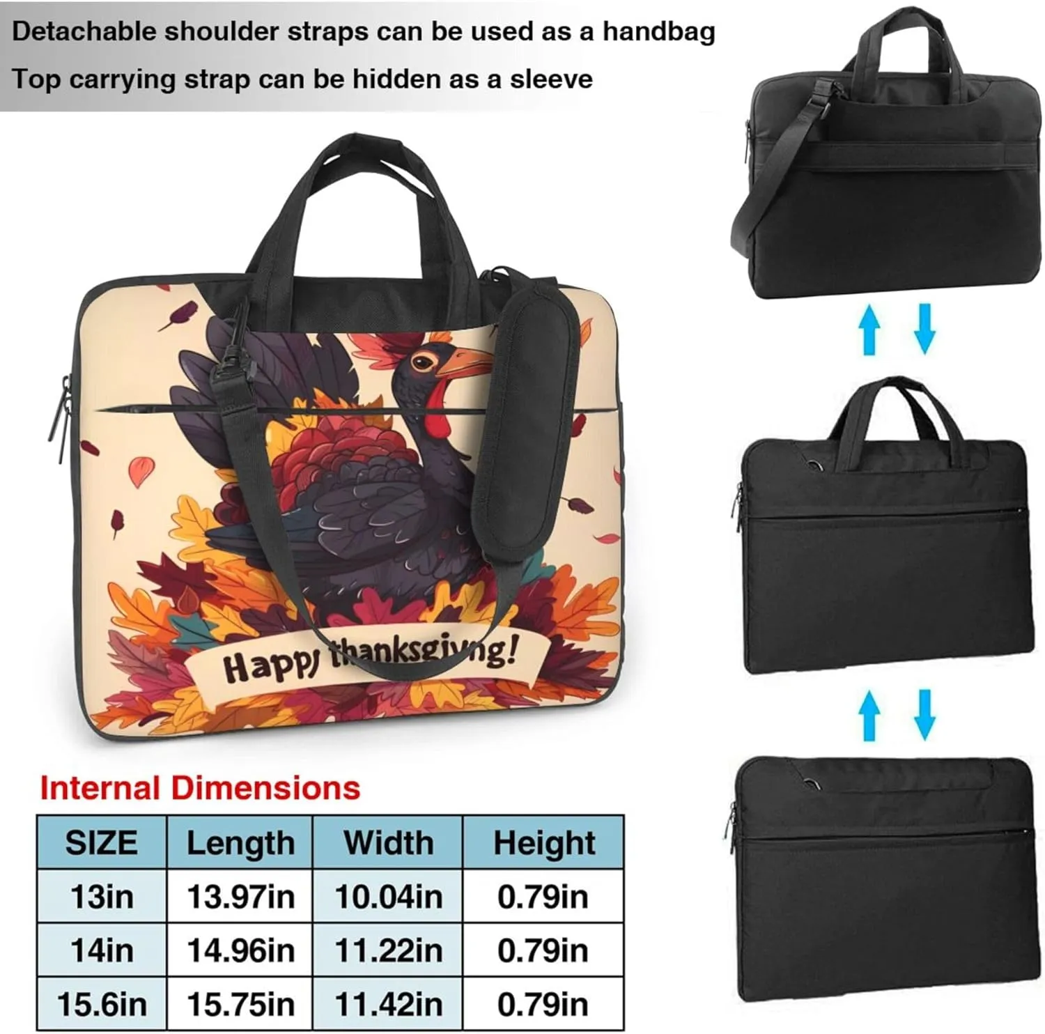 Thanksgiving Turkey Autumn Leaves Laptop Shoulder Bag for Women, Laptop Sleeve Case Durable Computer Bag