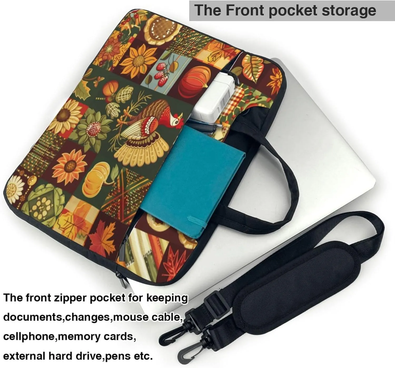 Thanksgiving Turkey Pumpkin Flower Laptop Shoulder Bag for Women, Laptop Sleeve Case Durable Computer Bag