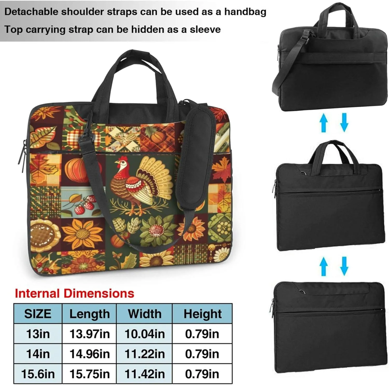 Thanksgiving Turkey Pumpkin Flower Laptop Shoulder Bag for Women, Laptop Sleeve Case Durable Computer Bag