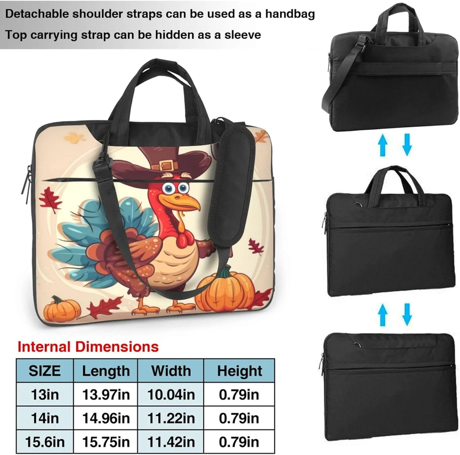 Thanksgiving Turkey Pumpkin Leaf Laptop Shoulder Bag for Women, Laptop Sleeve Case Durable Computer Bag
