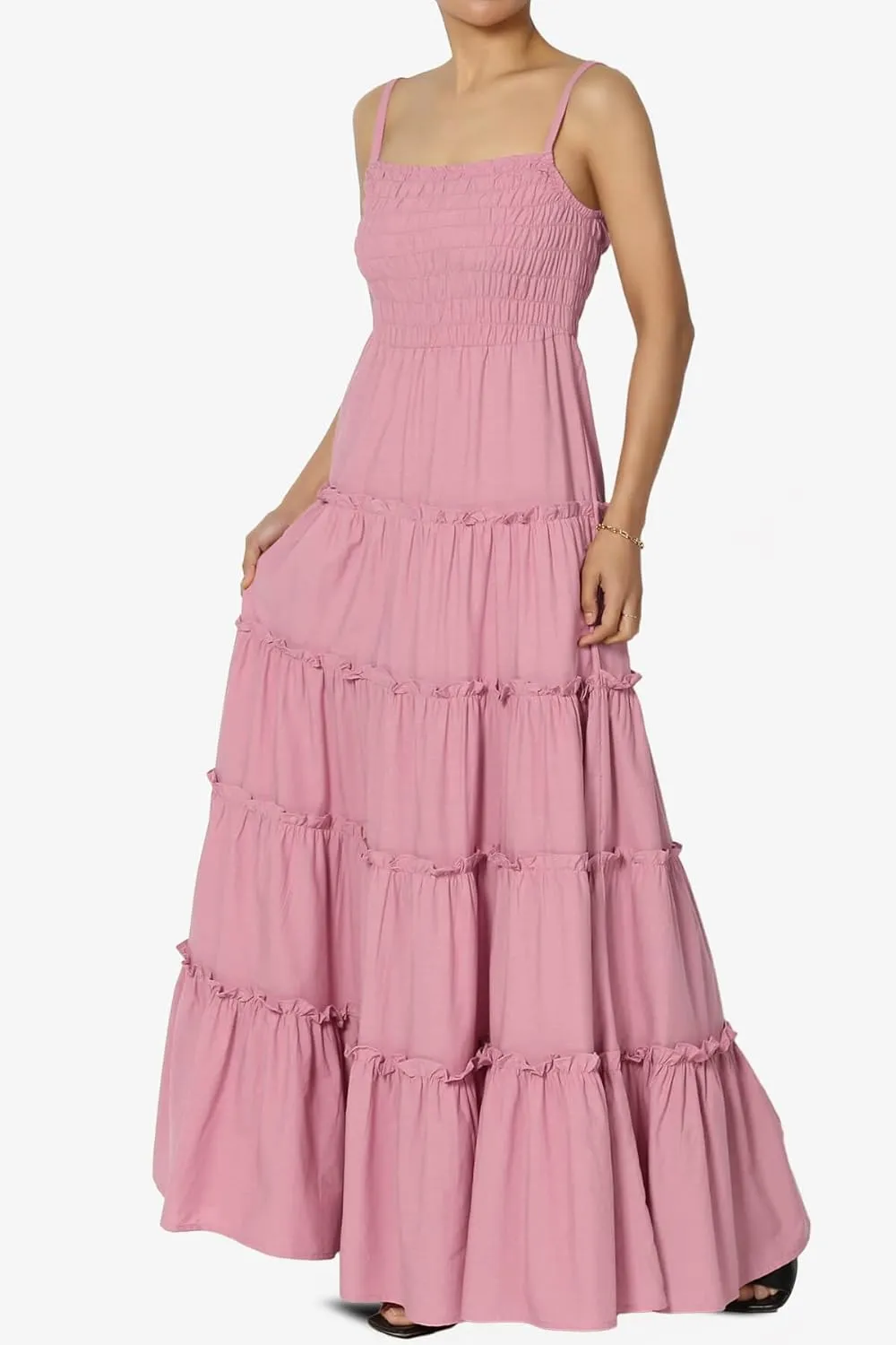 TheMogan Women's Chic Smocked Cami Tiered Maxi Dress Spaghetti Strap A-Line Skirt Summer Casual