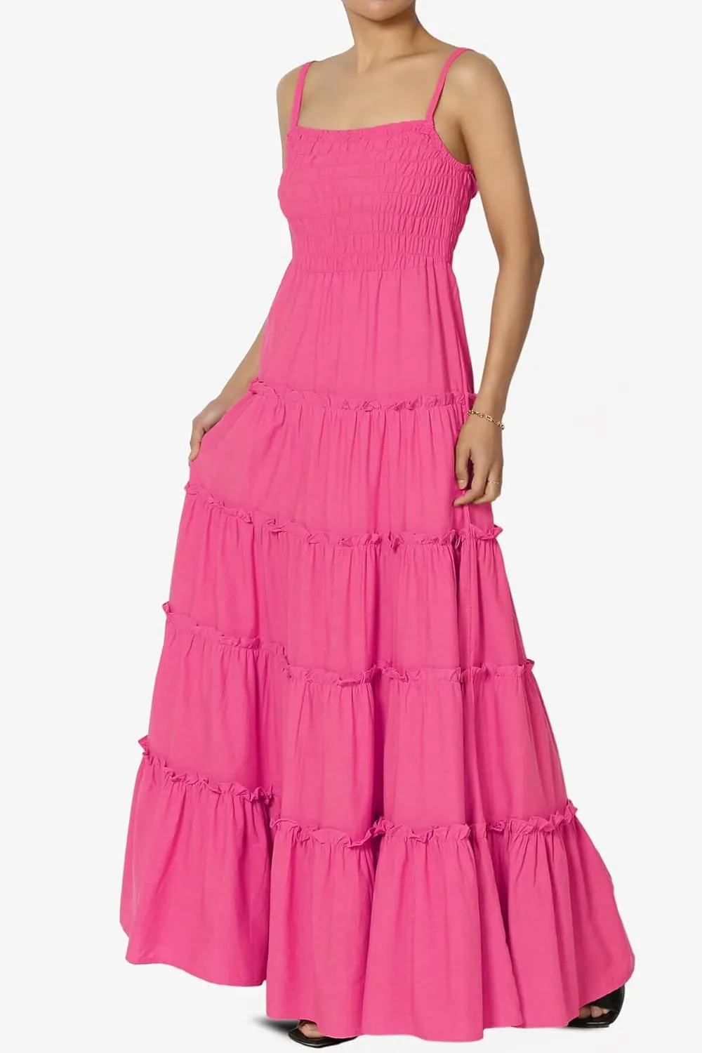 TheMogan Women's Chic Smocked Cami Tiered Maxi Dress Spaghetti Strap A-Line Skirt Summer Casual