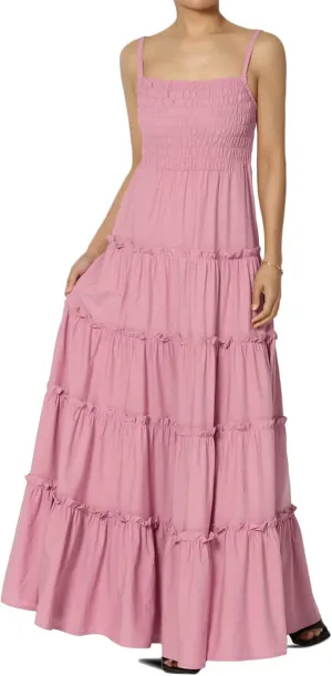 TheMogan Women's Chic Smocked Cami Tiered Maxi Dress Spaghetti Strap A-Line Skirt Summer Casual