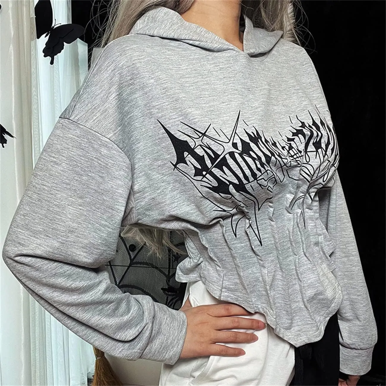 TOMETO STAR Women Gothic Punk Hoodies Bandage Crop Tops Long Sleeve Pullover Sweatshirt for Rave Festivals Streetwear