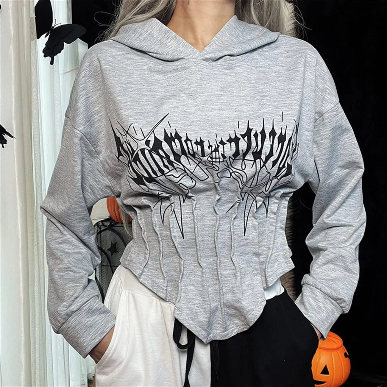 TOMETO STAR Women Gothic Punk Hoodies Bandage Crop Tops Long Sleeve Pullover Sweatshirt for Rave Festivals Streetwear