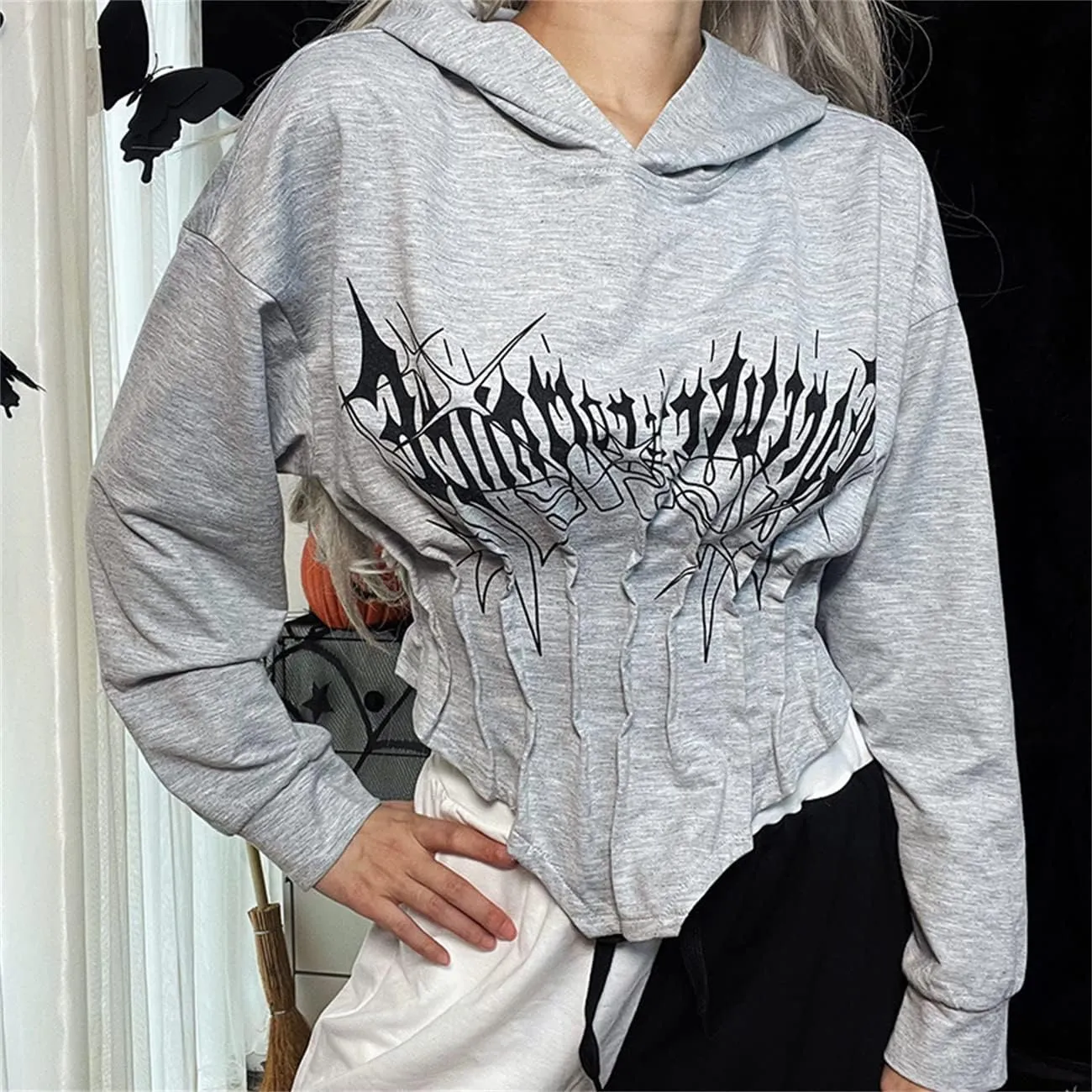 TOMETO STAR Women Gothic Punk Hoodies Bandage Crop Tops Long Sleeve Pullover Sweatshirt for Rave Festivals Streetwear