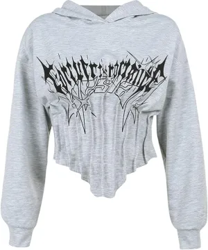 TOMETO STAR Women Gothic Punk Hoodies Bandage Crop Tops Long Sleeve Pullover Sweatshirt for Rave Festivals Streetwear